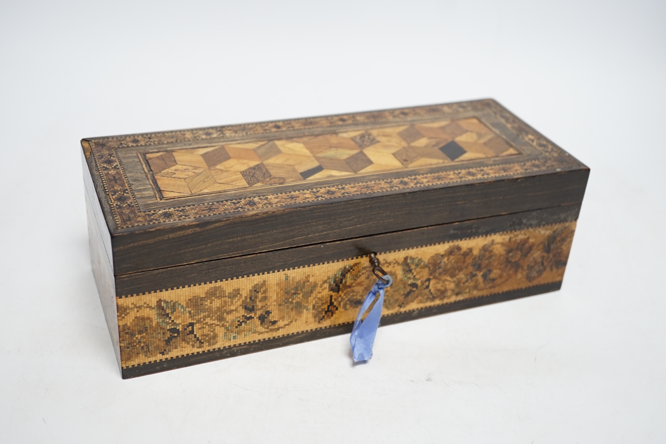 A Thomas Barton Tunbridge ware specimen perspective cube Marquetry and tesserae Mosaic glove box, late 19th century, 27cm